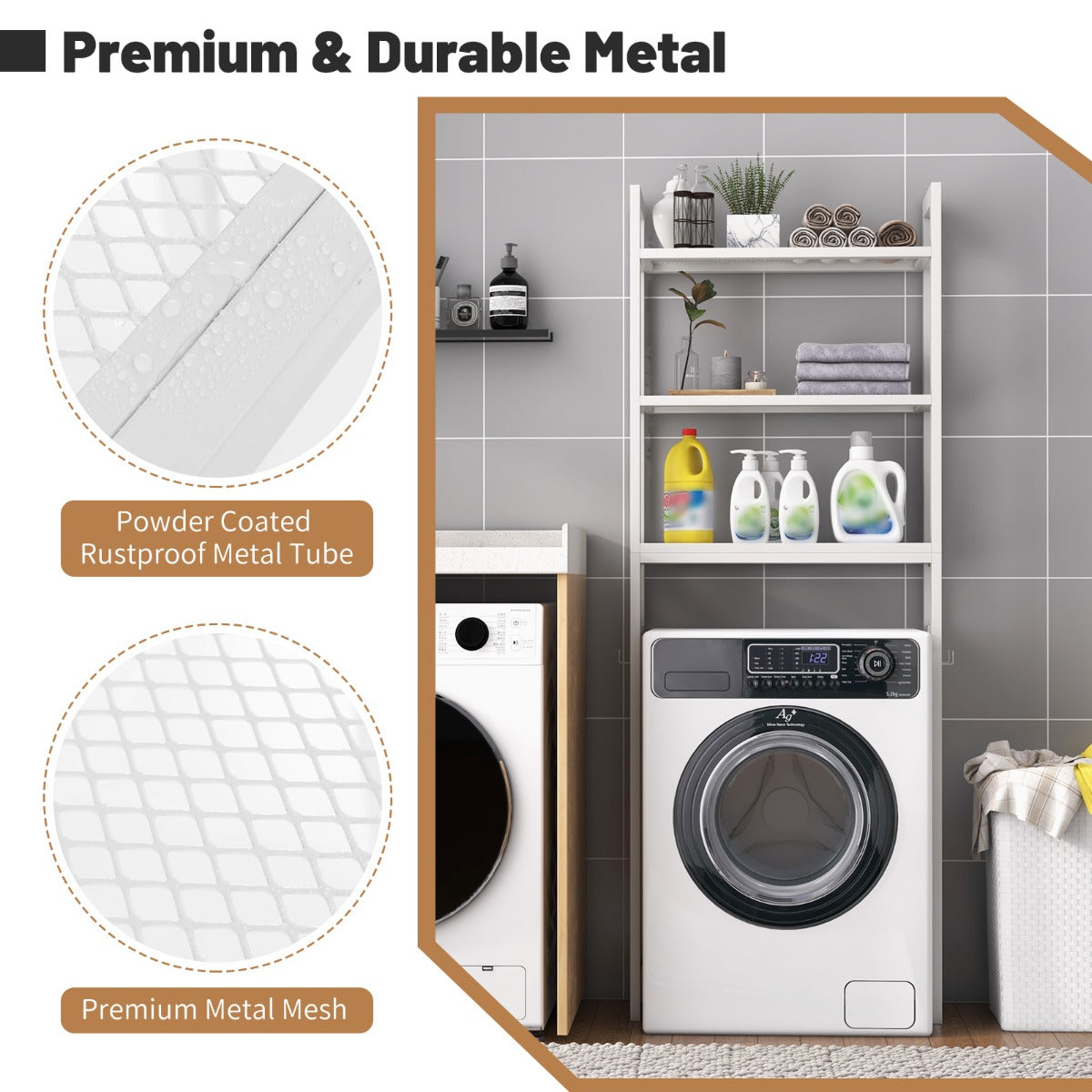 Two anti-tipping devices help secure the over-toilet shelf and prevent accidental movement or tipping