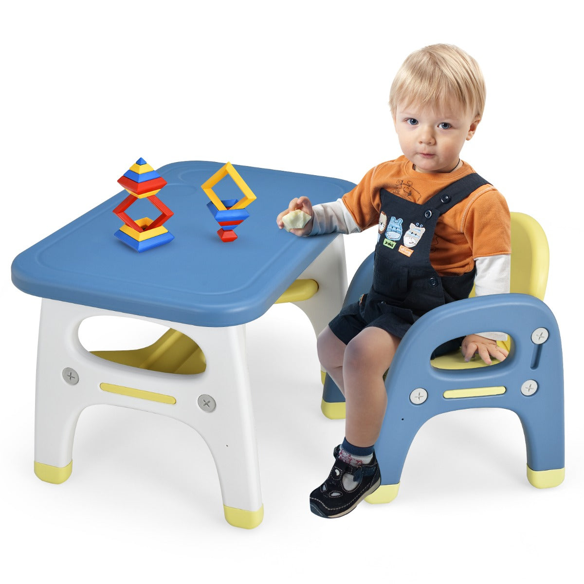 Kids Table and Chair Set with Cute Dinosaur Modeling and Storage Rack-Blue