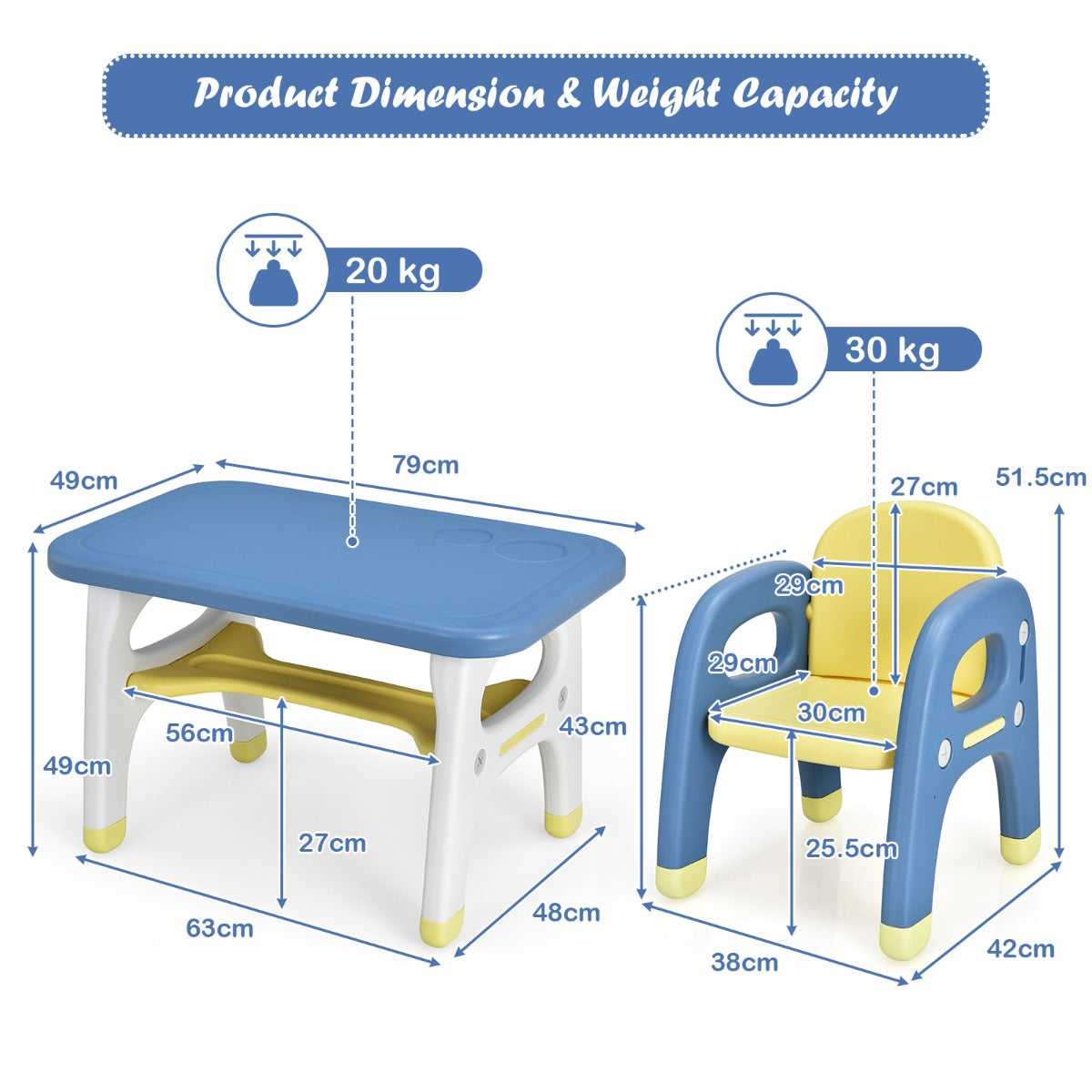 Kids Table and Chair Set with Cute Dinosaur Modeling and Storage Rack-Blue