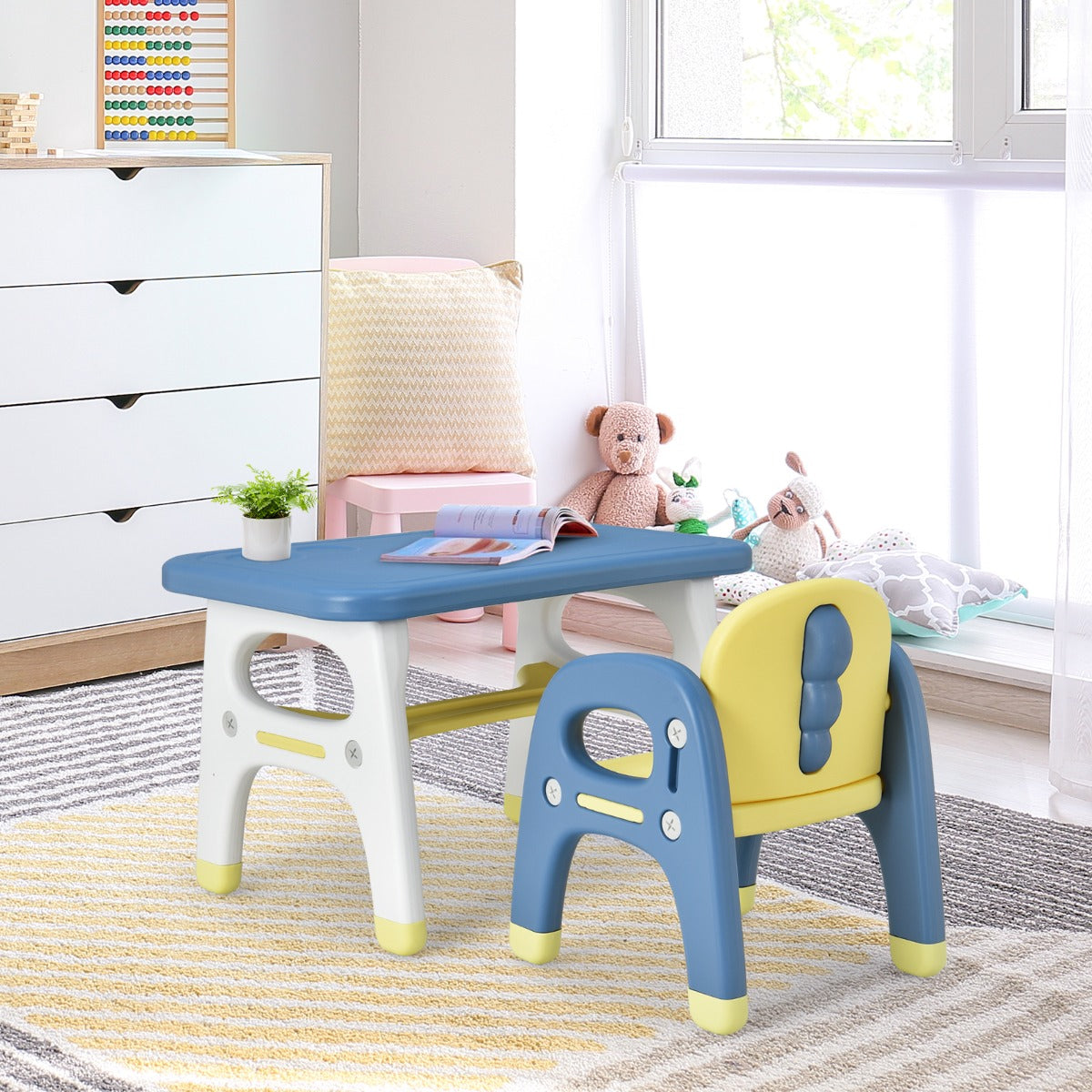 Kids Table and Chair Set with Cute Dinosaur Modeling and Storage Rack-Blue