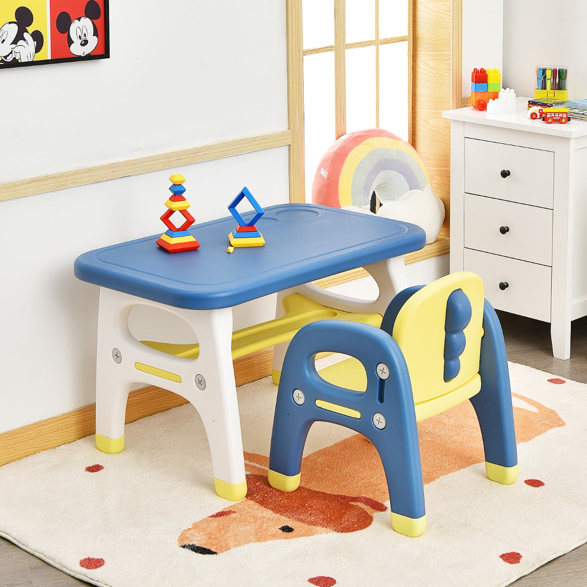 Kids Table and Chair Set with Cute Dinosaur Modeling and Storage Rack-Blue