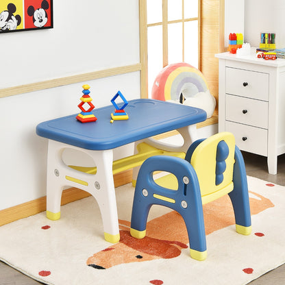 Kids Table and Chair Set with Cute Dinosaur Modeling and Storage Rack-Blue