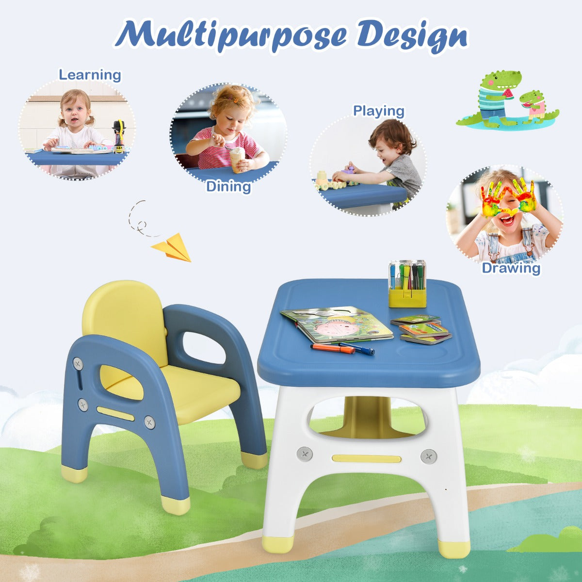 Kids Table and Chair Set with Cute Dinosaur Modeling and Storage Rack-Blue