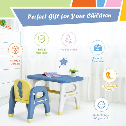 Kids Table and Chair Set with Cute Dinosaur Modeling and Storage Rack-Blue