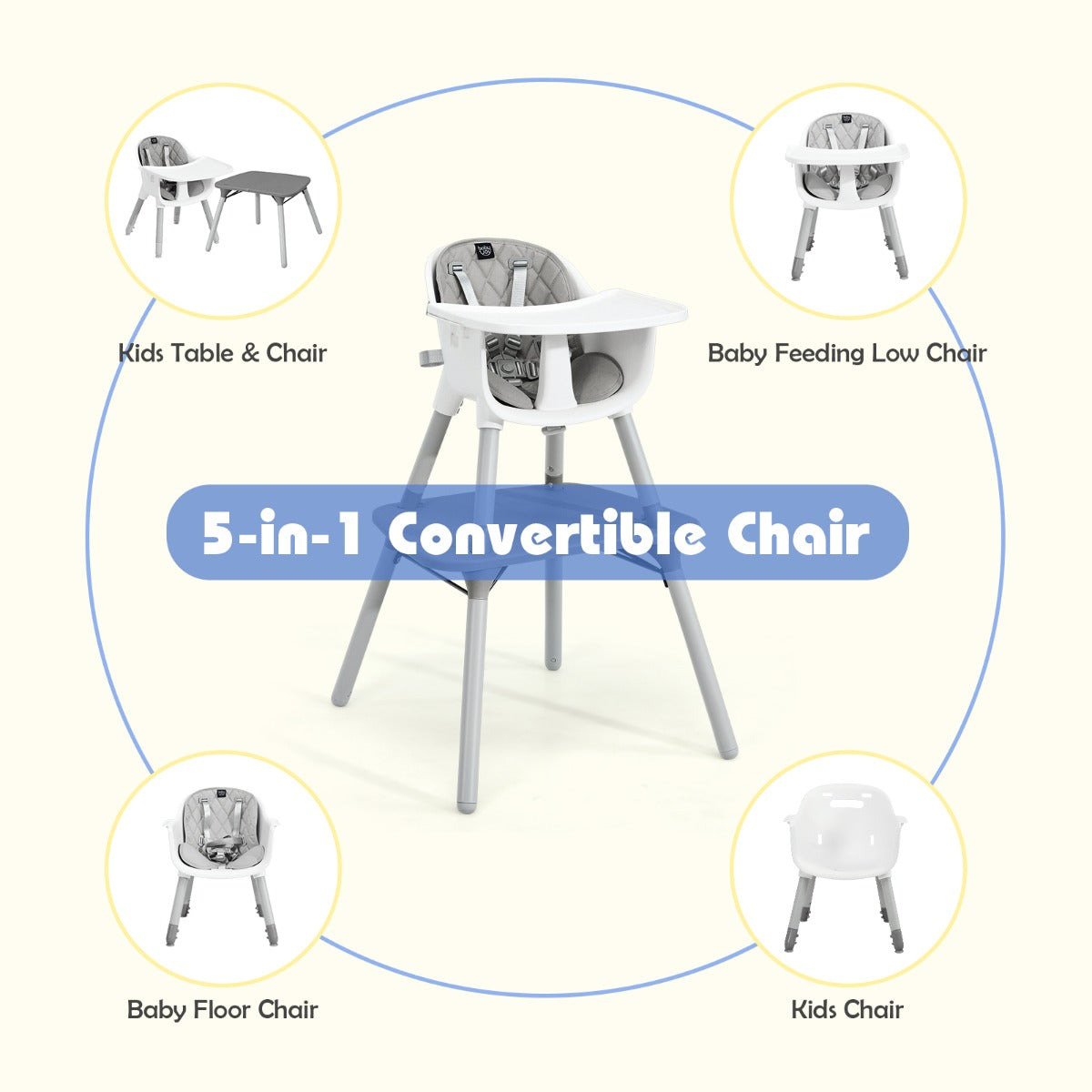 5-in-1 Multifunctional Convertible Baby Highchair with Harness &amp; Removable Tray-Grey