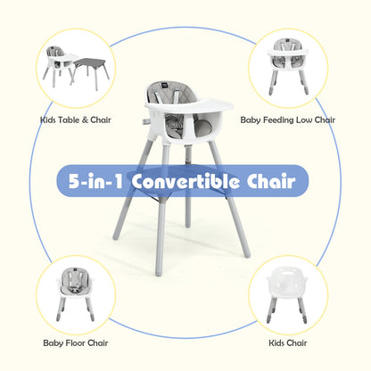 5-in-1 Multifunctional Convertible Baby Highchair with Harness &amp; Removable Tray-Grey