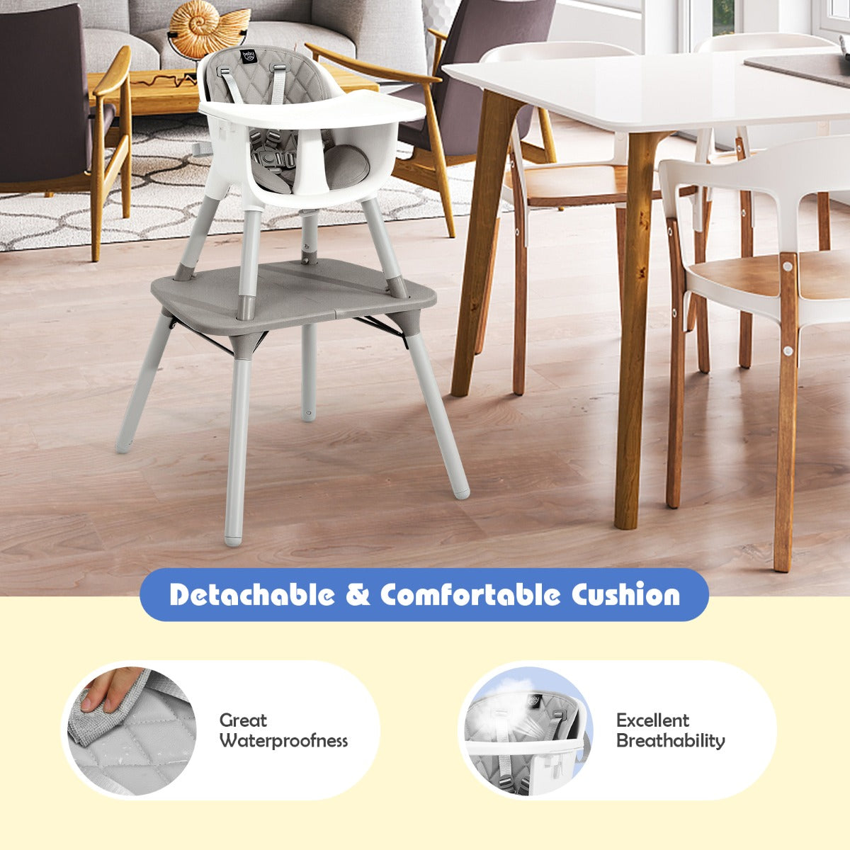5-in-1 Multifunctional Convertible Baby Highchair with Harness &amp; Removable Tray-Grey