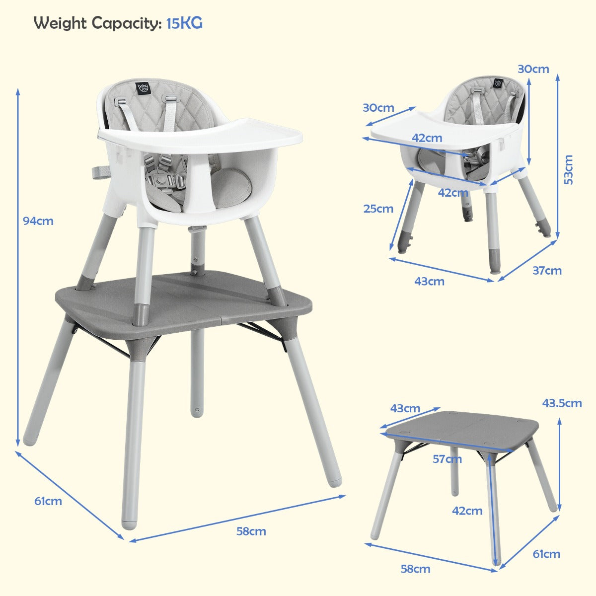5-in-1 Multifunctional Convertible Baby Highchair with Harness &amp; Removable Tray-Grey