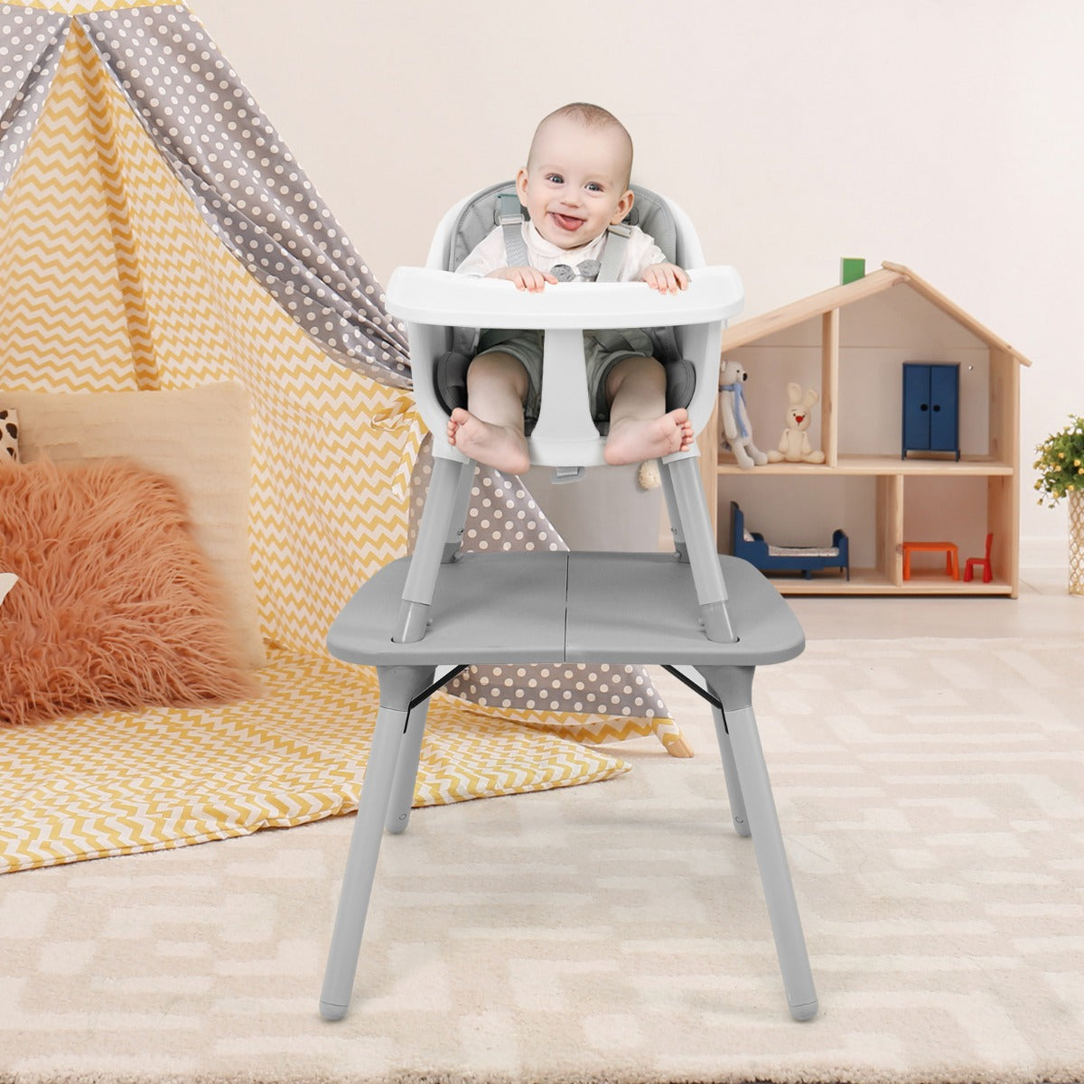5-in-1 Multifunctional Convertible Baby Highchair with Harness &amp; Removable Tray-Grey