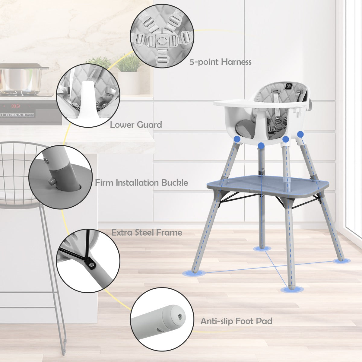 5-in-1 Multifunctional Convertible Baby Highchair with Harness &amp; Removable Tray-Grey