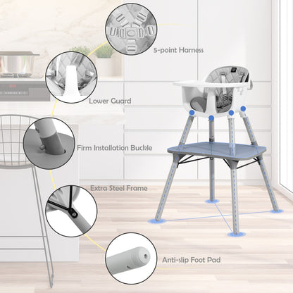 5-in-1 Multifunctional Convertible Baby Highchair with Harness &amp; Removable Tray-Grey