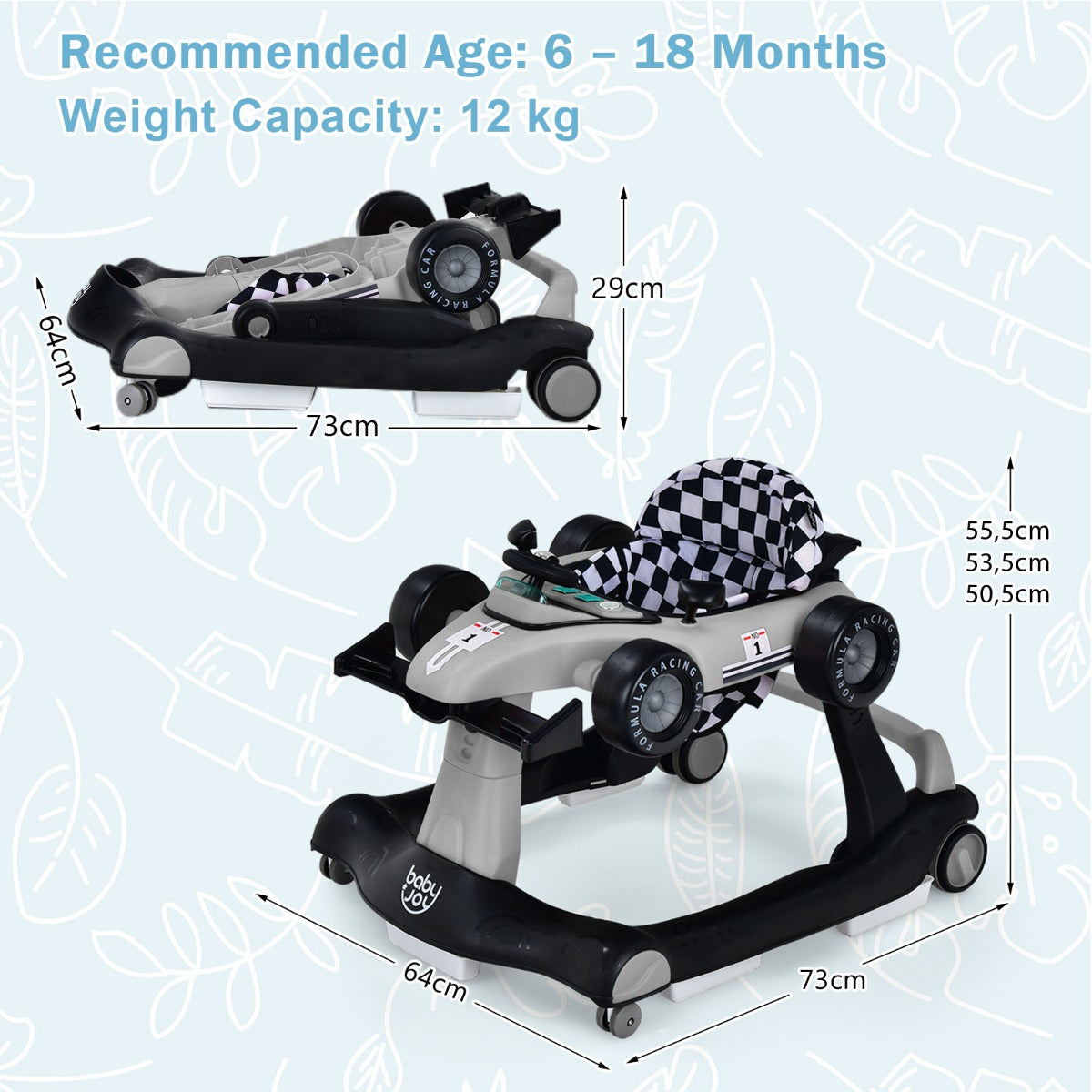4-in-1 Foldable Activity Car Walker with Adjustable Height and Speed-Grey