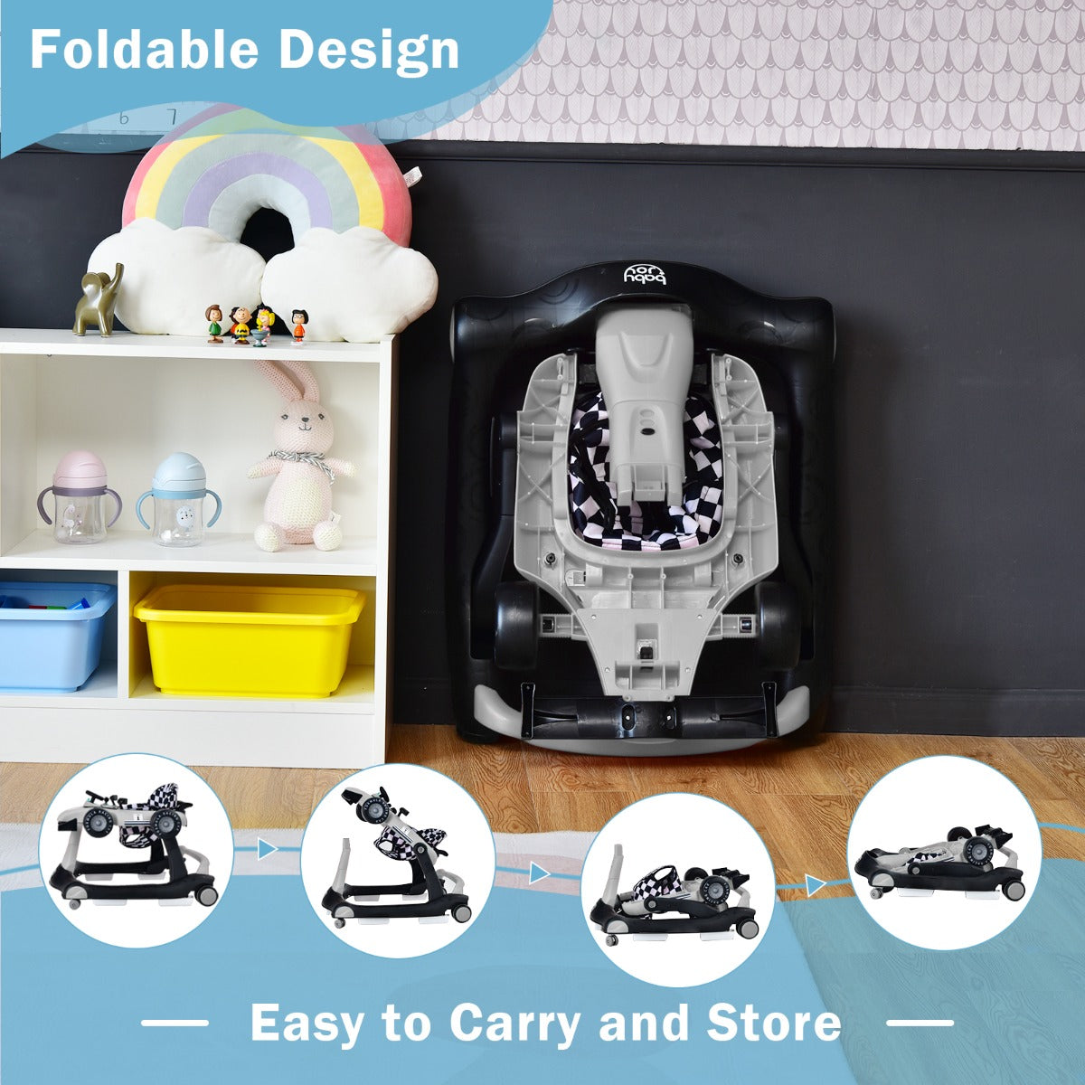 4-in-1 Foldable Activity Car Walker with Adjustable Height and Speed-Grey