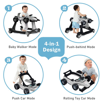 4-in-1 Foldable Activity Car Walker with Adjustable Height and Speed-Grey