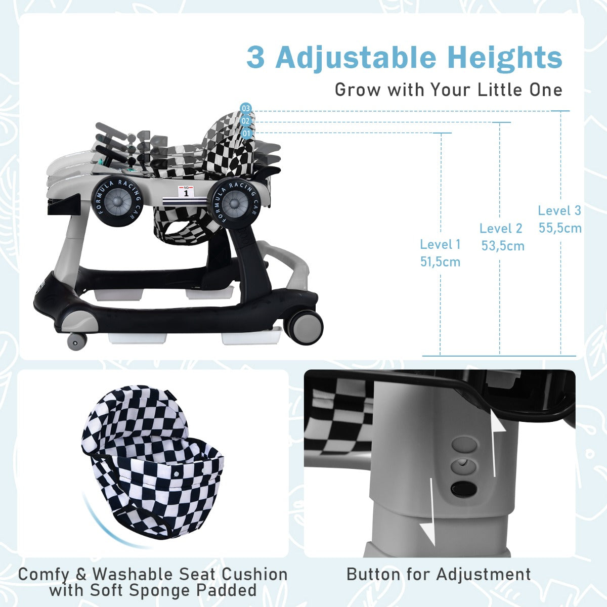 4-in-1 Foldable Activity Car Walker with Adjustable Height and Speed-Grey
