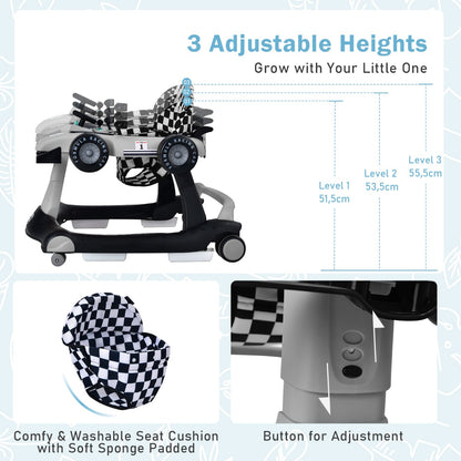 4-in-1 Foldable Activity Car Walker with Adjustable Height and Speed-Grey