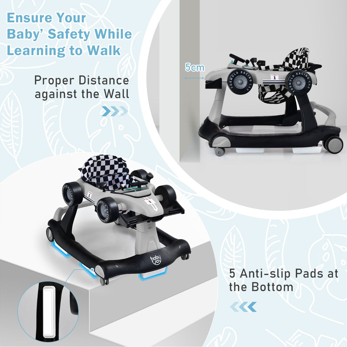 4-in-1 Foldable Activity Car Walker with Adjustable Height and Speed-Grey
