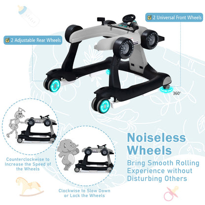 4-in-1 Foldable Activity Car Walker with Adjustable Height and Speed-Grey