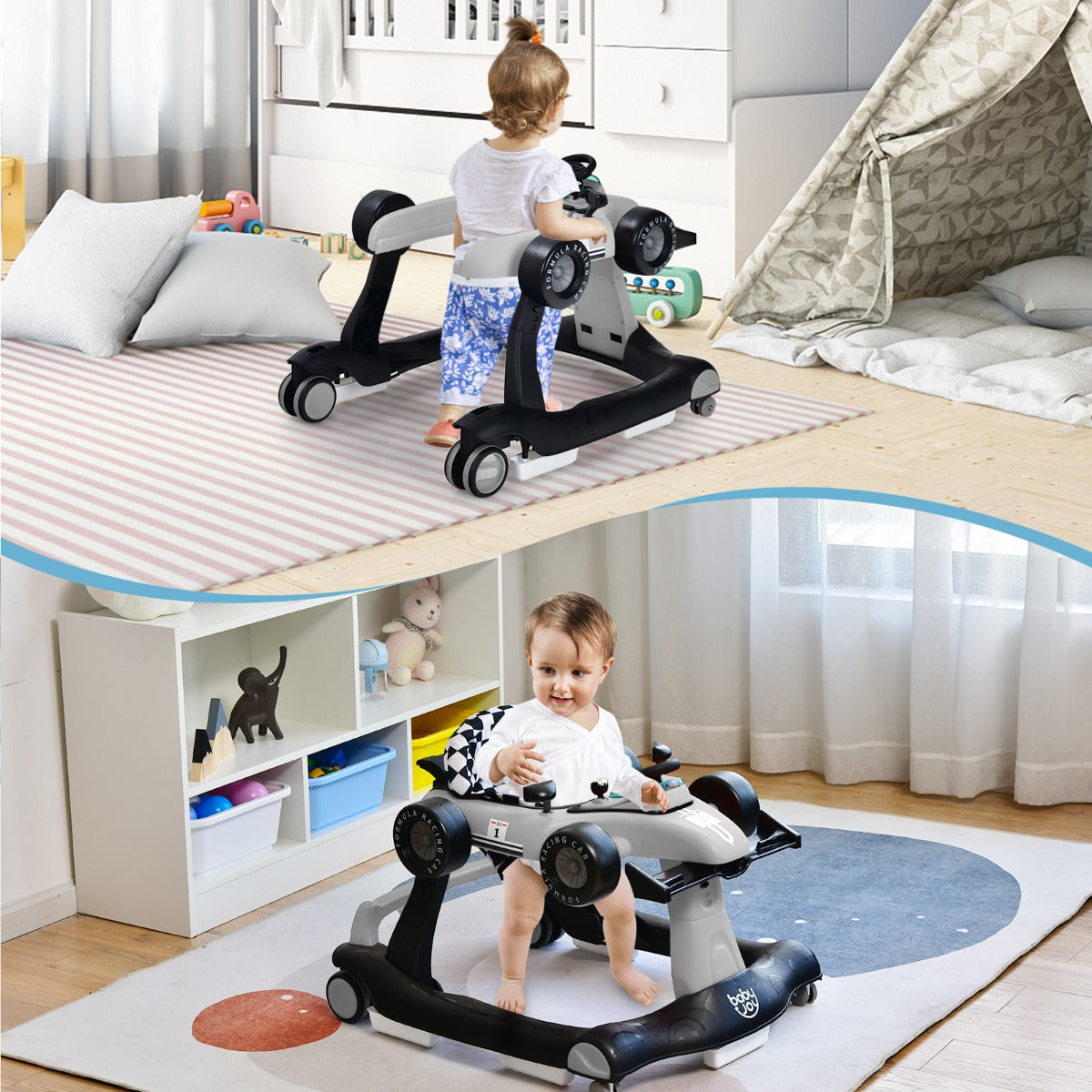 4-in-1 Foldable Activity Car Walker with Adjustable Height and Speed-Grey