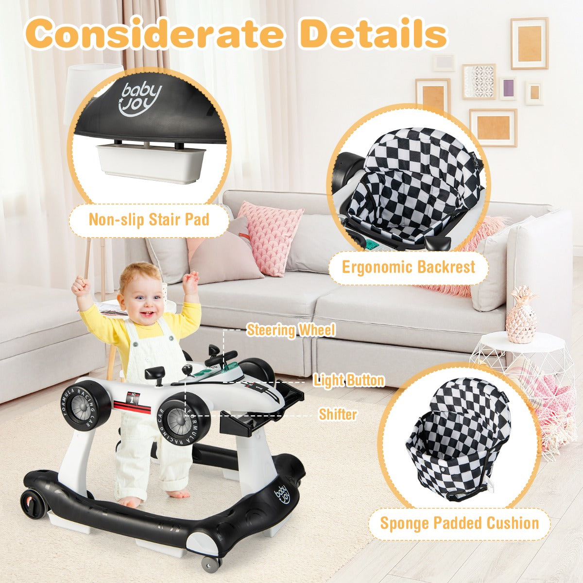4-in-1 Foldable Activity Car Walker with Adjustable Height and Speed-White