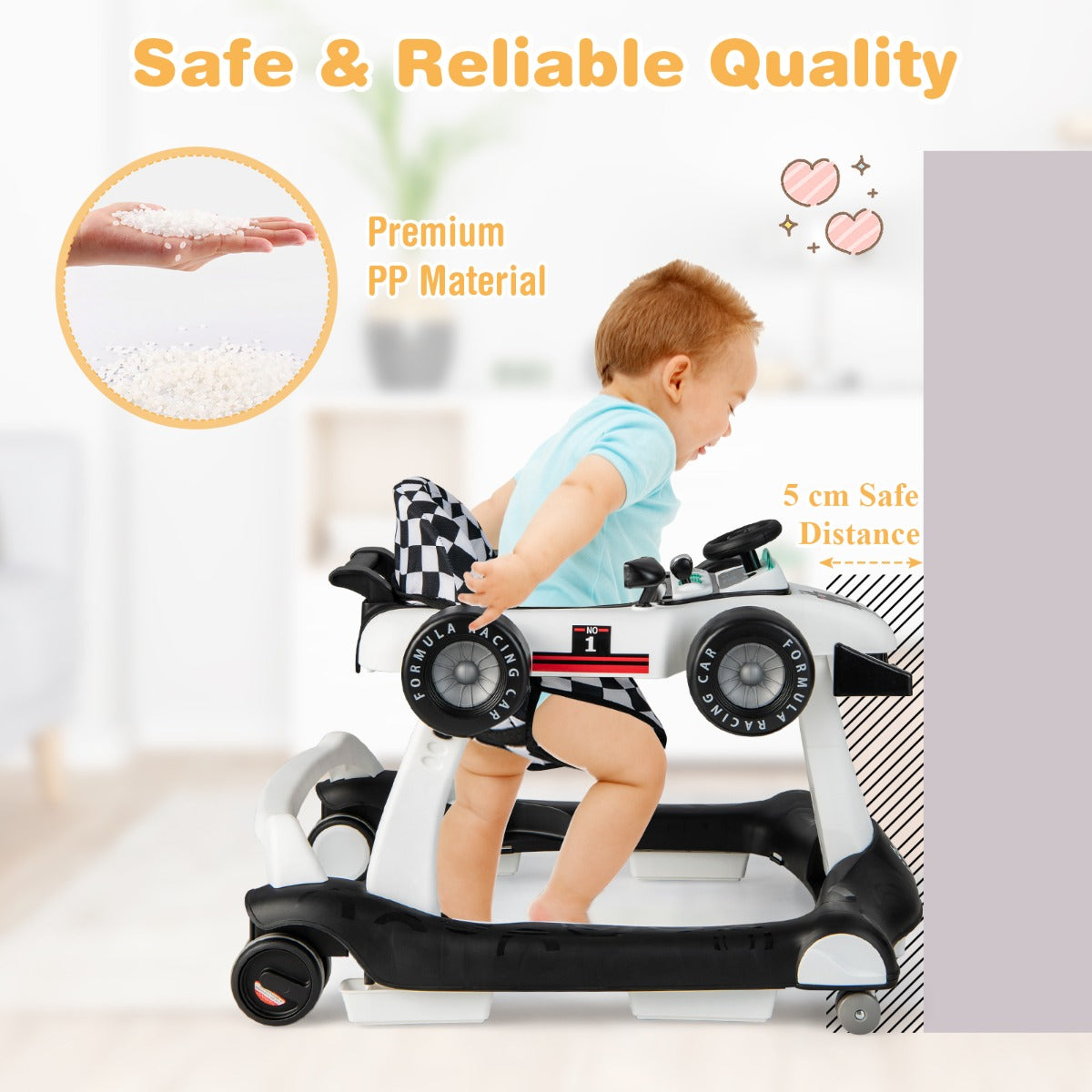 4-in-1 Foldable Activity Car Walker with Adjustable Height and Speed-White