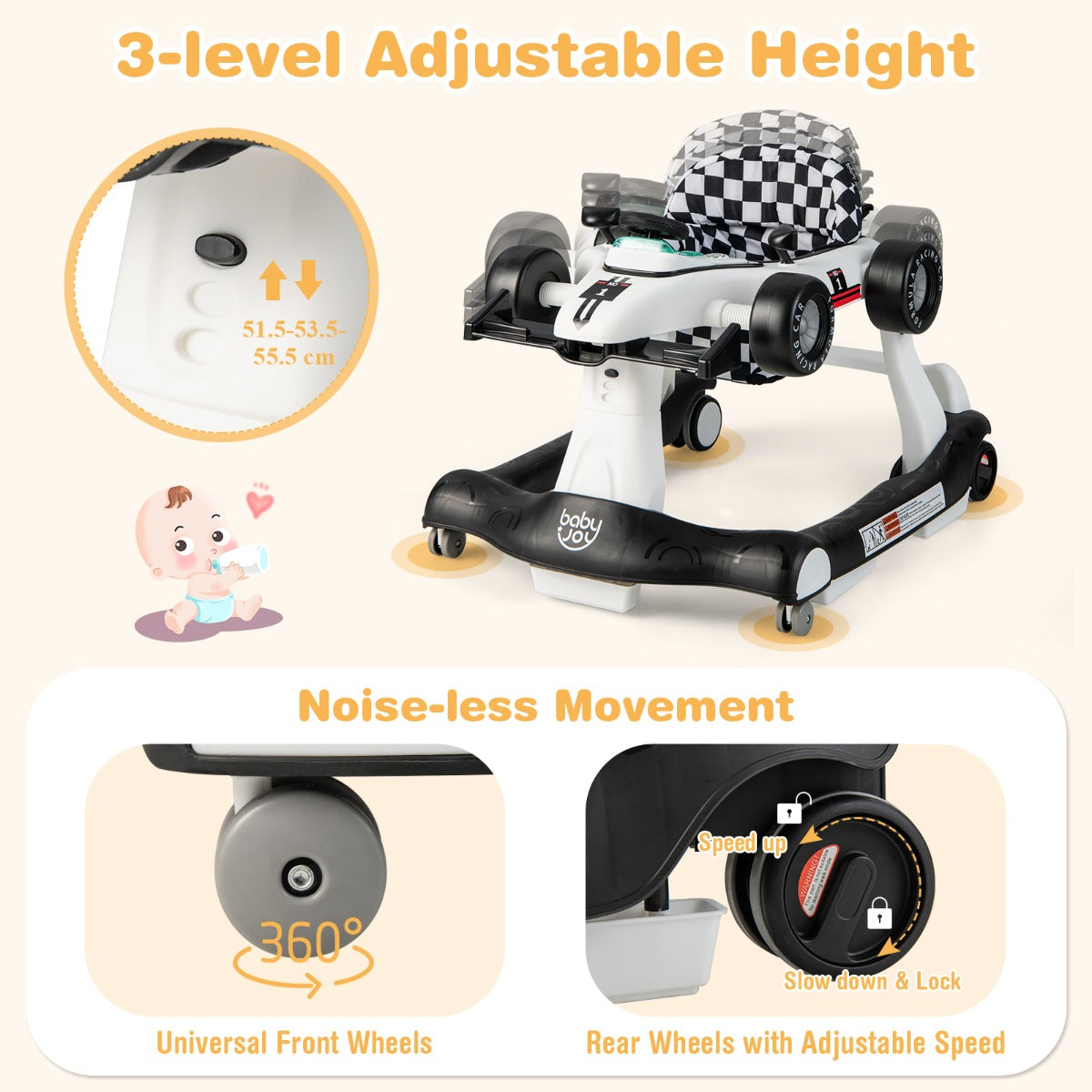 4-in-1 Foldable Activity Car Walker with Adjustable Height and Speed-White