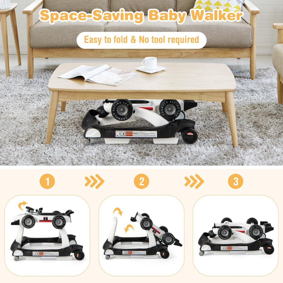 4-in-1 Foldable Activity Car Walker with Adjustable Height and Speed-White