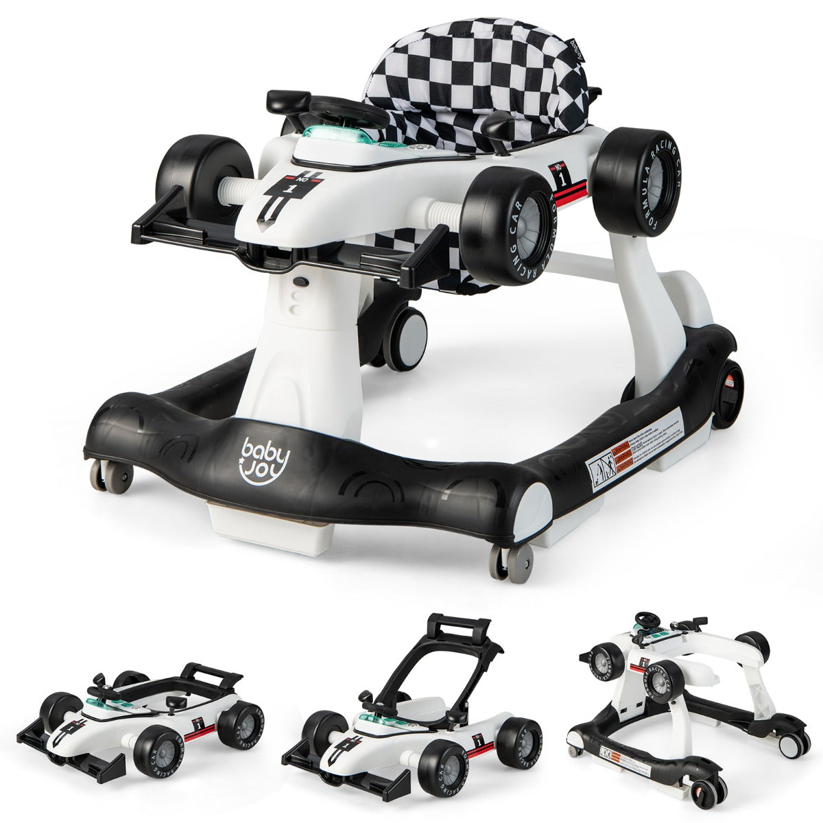 4-in-1 Foldable Activity Car Walker with Adjustable Height and Speed-White