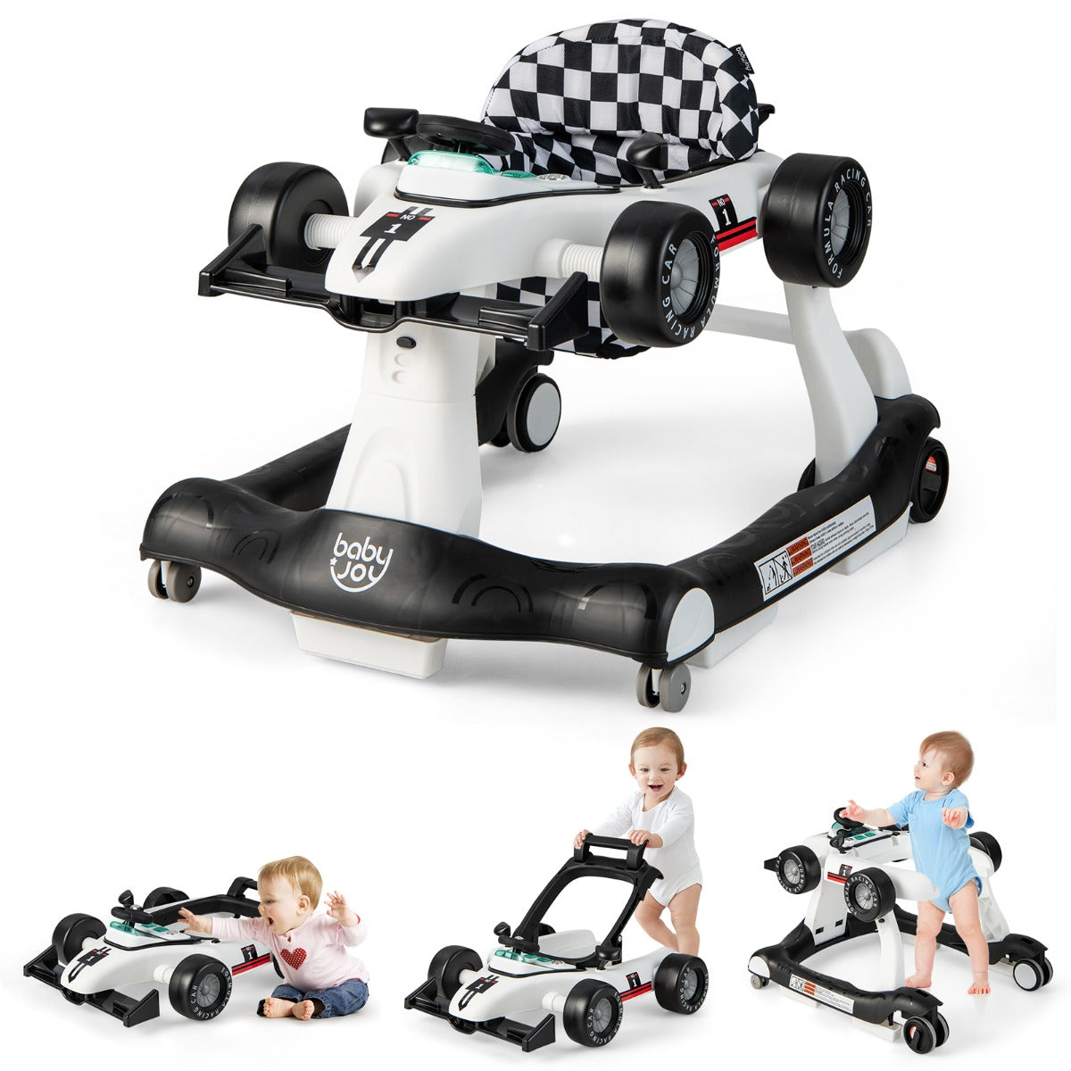4-in-1 Foldable Activity Car Walker with Adjustable Height and Speed-White