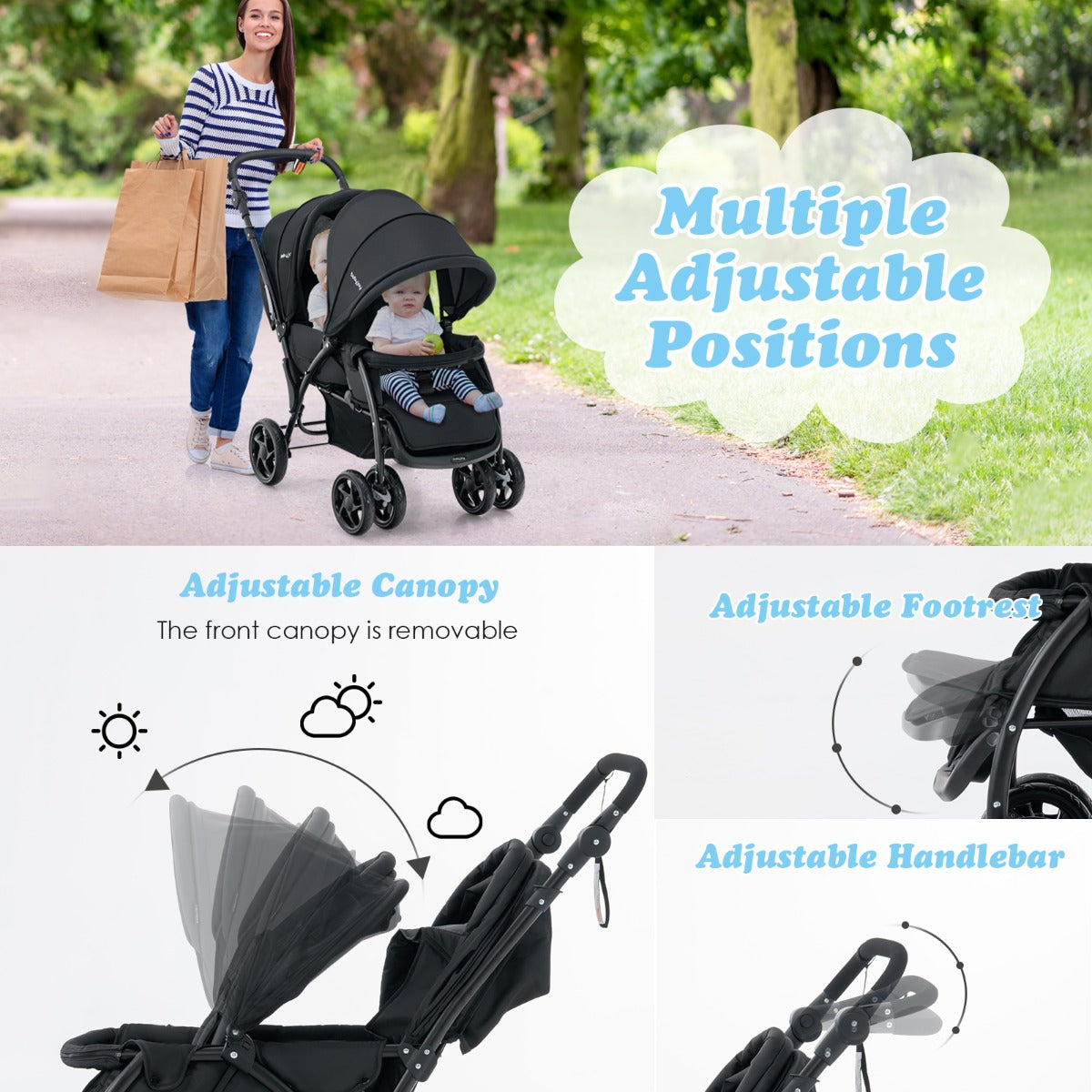 Costway Folding Double Baby Stroller with Tandem Seating &amp; Canopy for Toddlers-Black