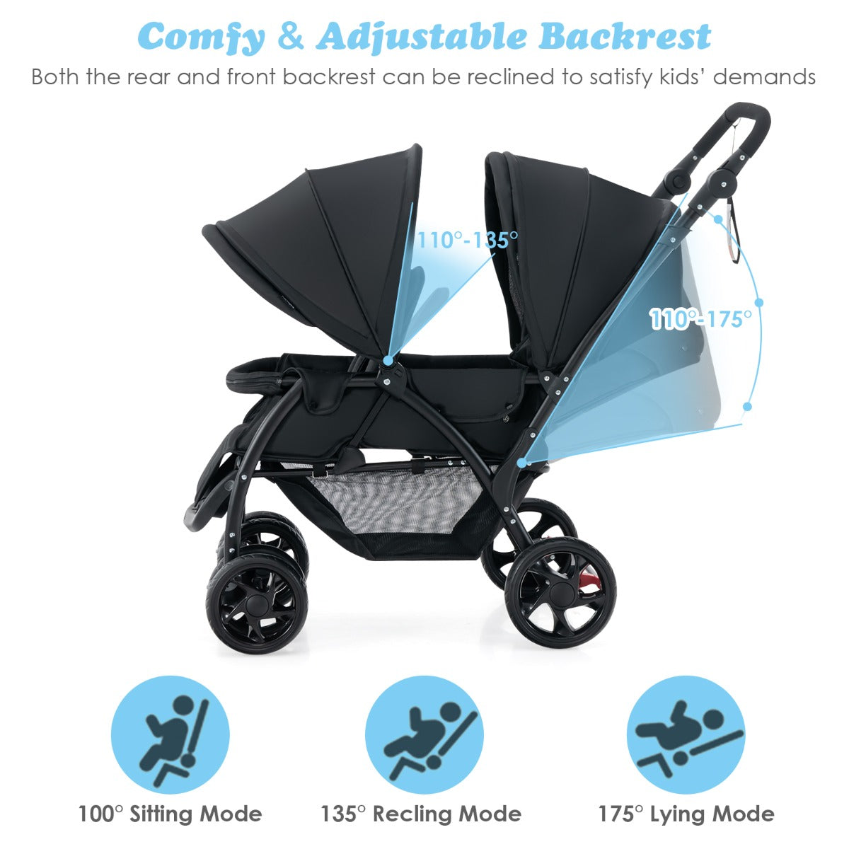 Costway Folding Double Baby Stroller with Tandem Seating &amp; Canopy for Toddlers-Black