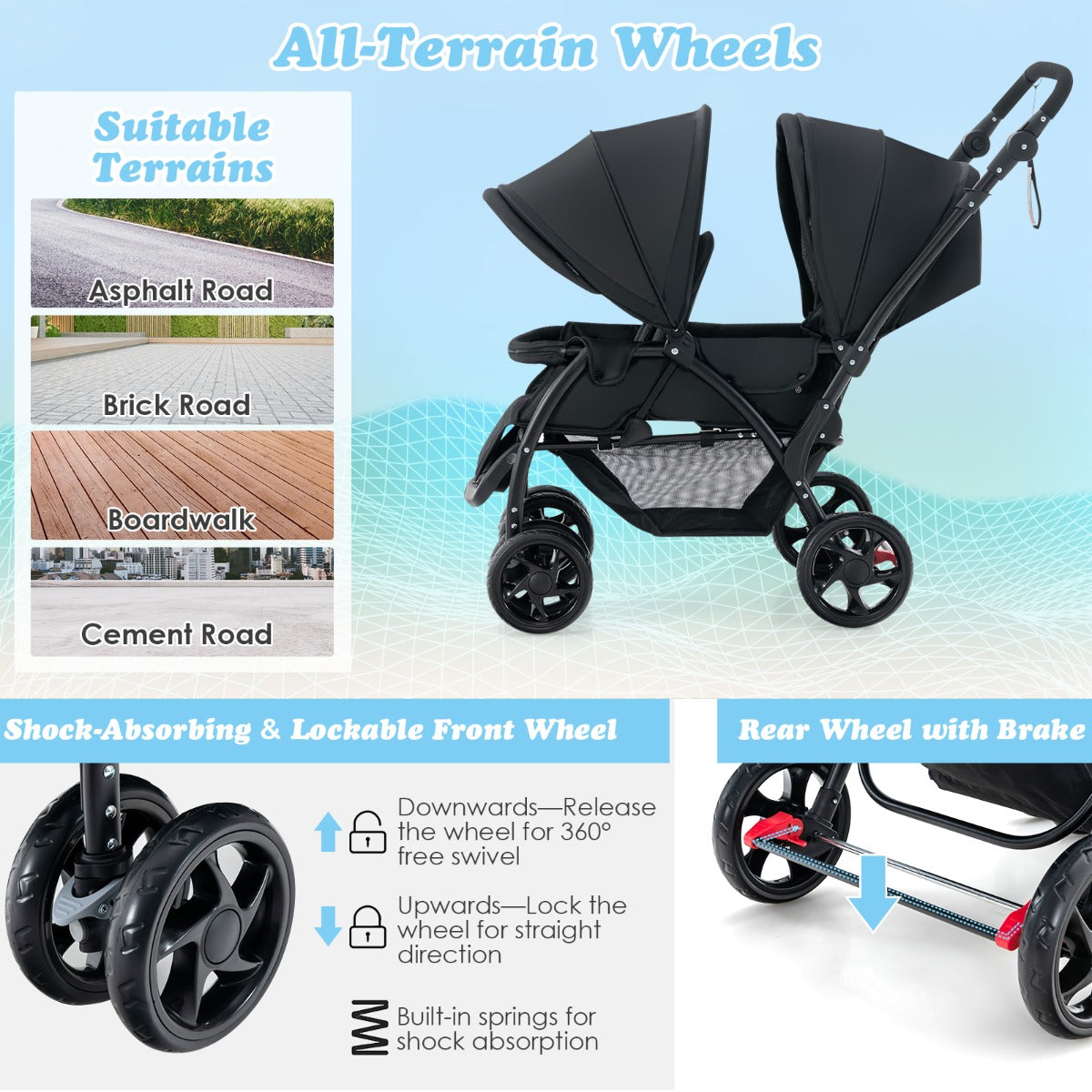 Costway Folding Double Baby Stroller with Tandem Seating &amp; Canopy for Toddlers-Black