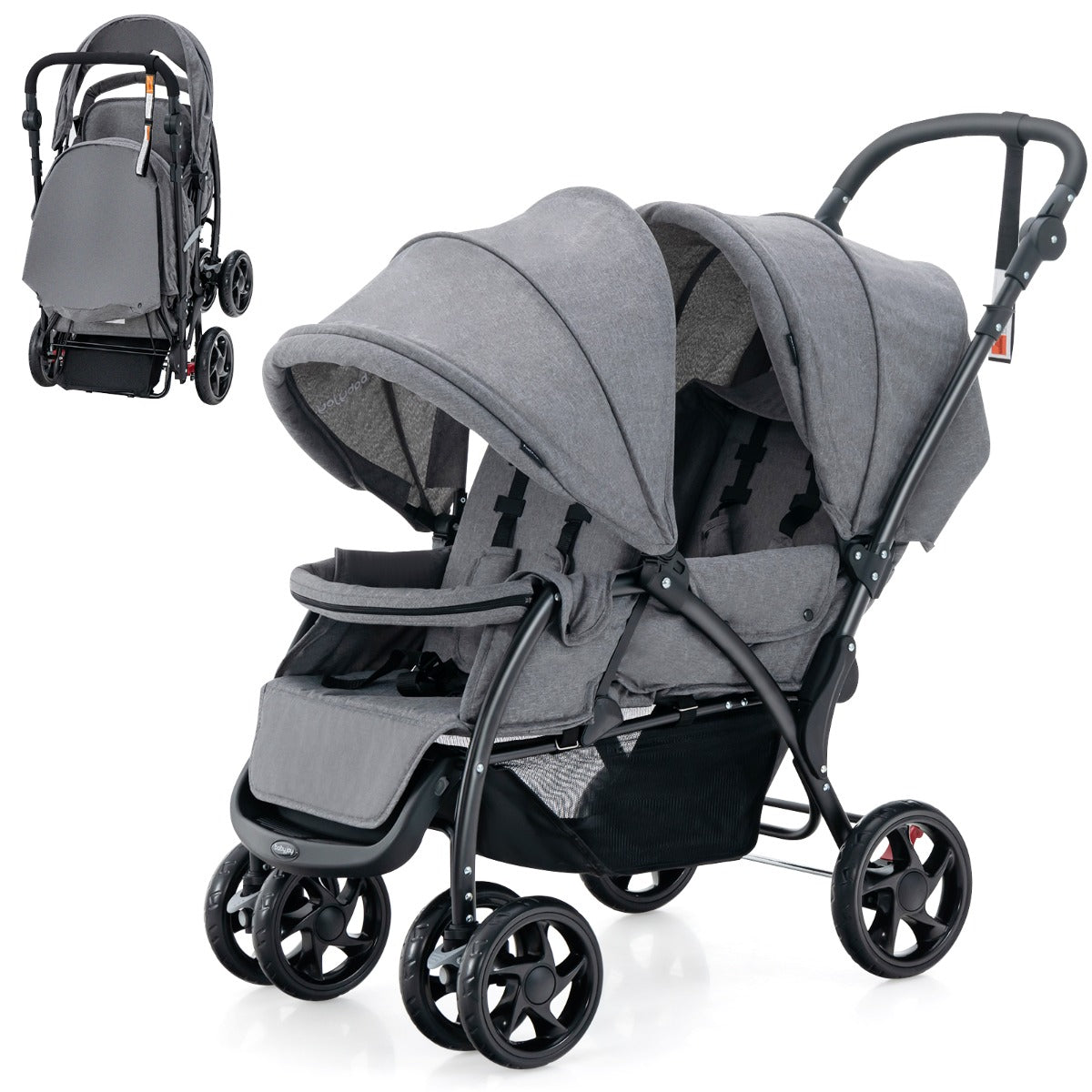 Costway Folding Double Baby Stroller with Tandem Seating &amp; Canopy for Toddlers-Grey