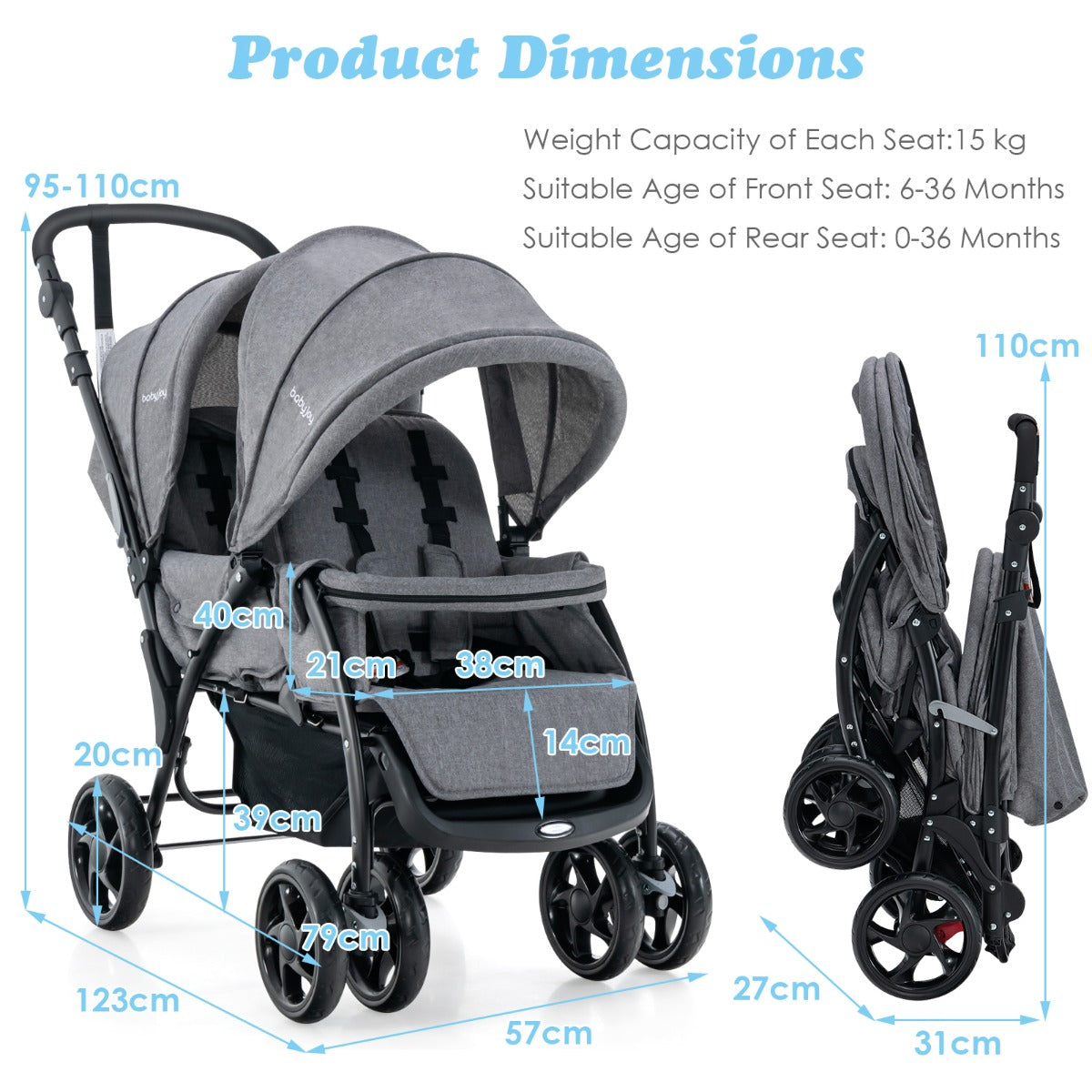 Costway Folding Double Baby Stroller with Tandem Seating &amp; Canopy for Toddlers-Grey