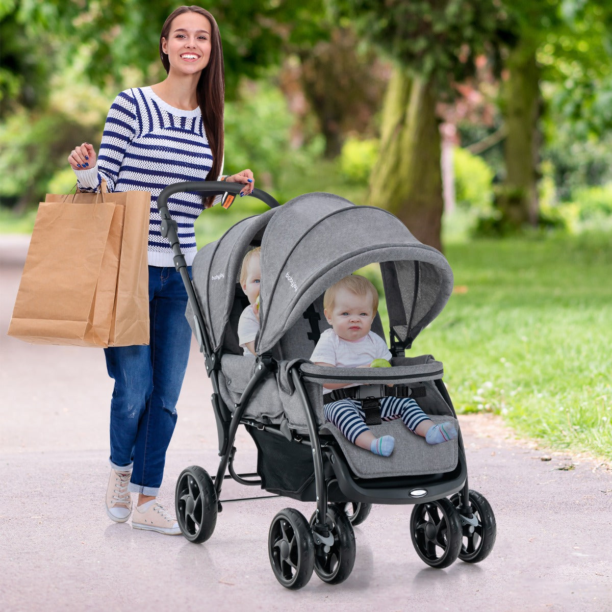 Costway Folding Double Baby Stroller with Tandem Seating &amp; Canopy for Toddlers-Grey