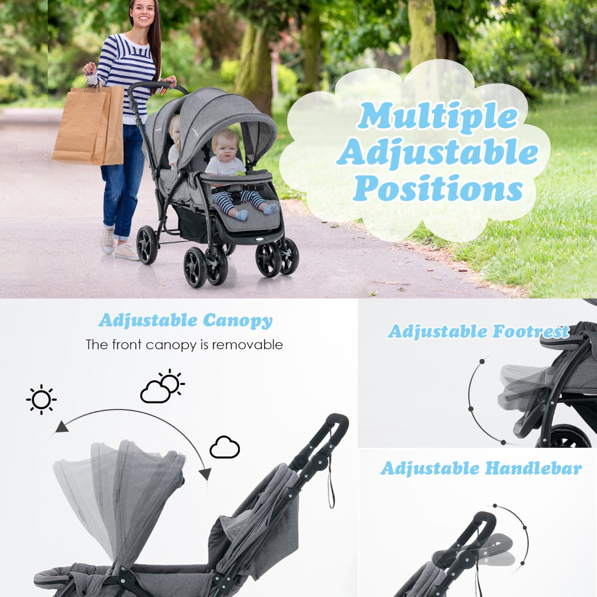 Costway Folding Double Baby Stroller with Tandem Seating &amp; Canopy for Toddlers-Grey