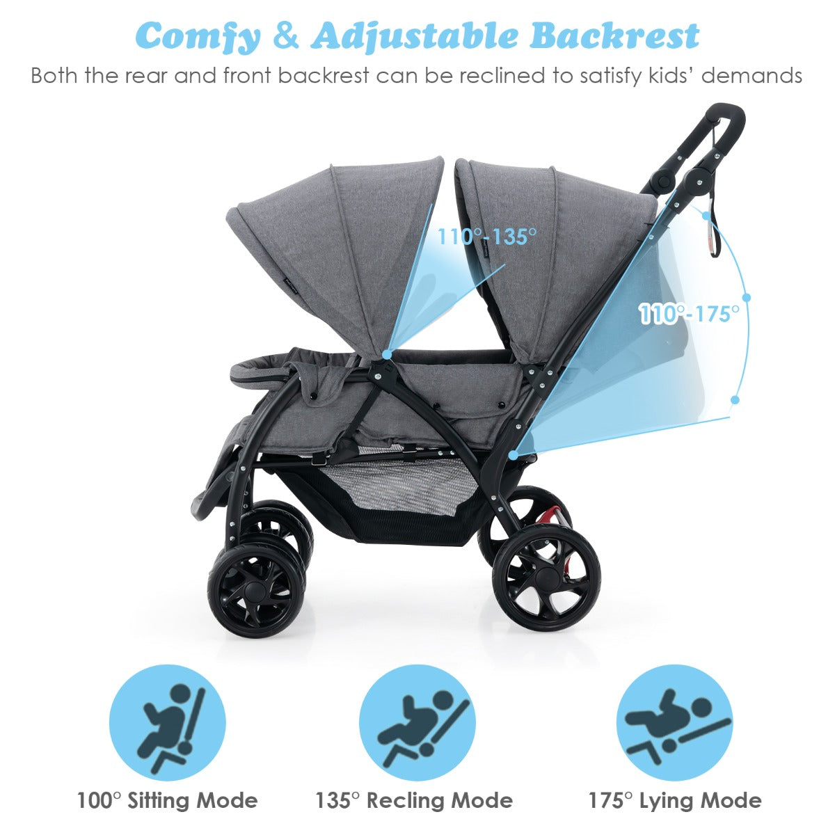 Costway Folding Double Baby Stroller with Tandem Seating &amp; Canopy for Toddlers-Grey