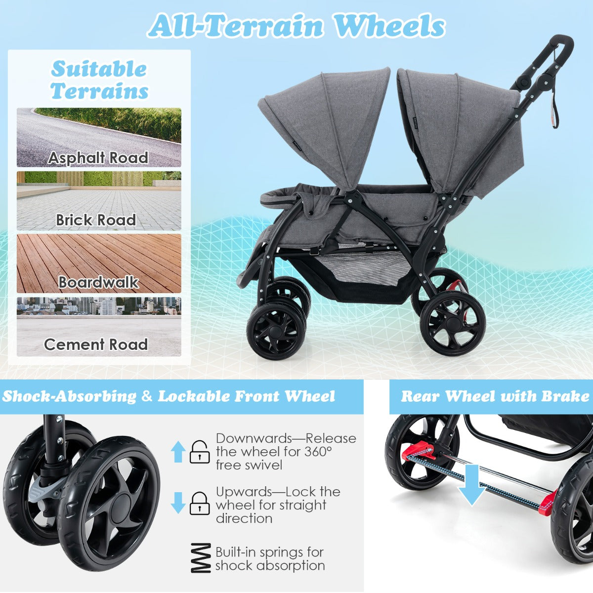 Costway Folding Double Baby Stroller with Tandem Seating &amp; Canopy for Toddlers-Grey