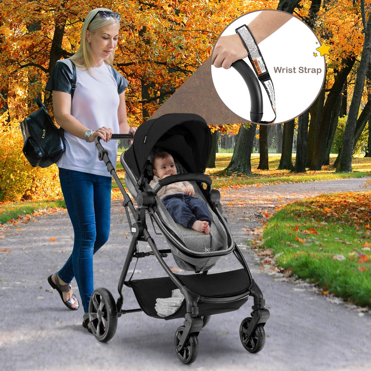Folding Infant Stoller with Adjustable Canopy and Backrest for Kids-Black