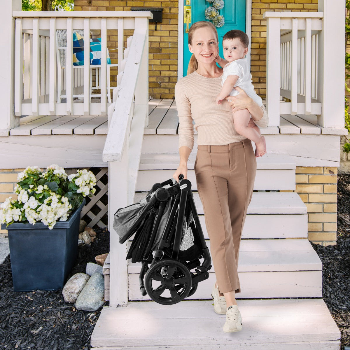 Folding Infant Stoller with Adjustable Canopy and Backrest for Kids-Black