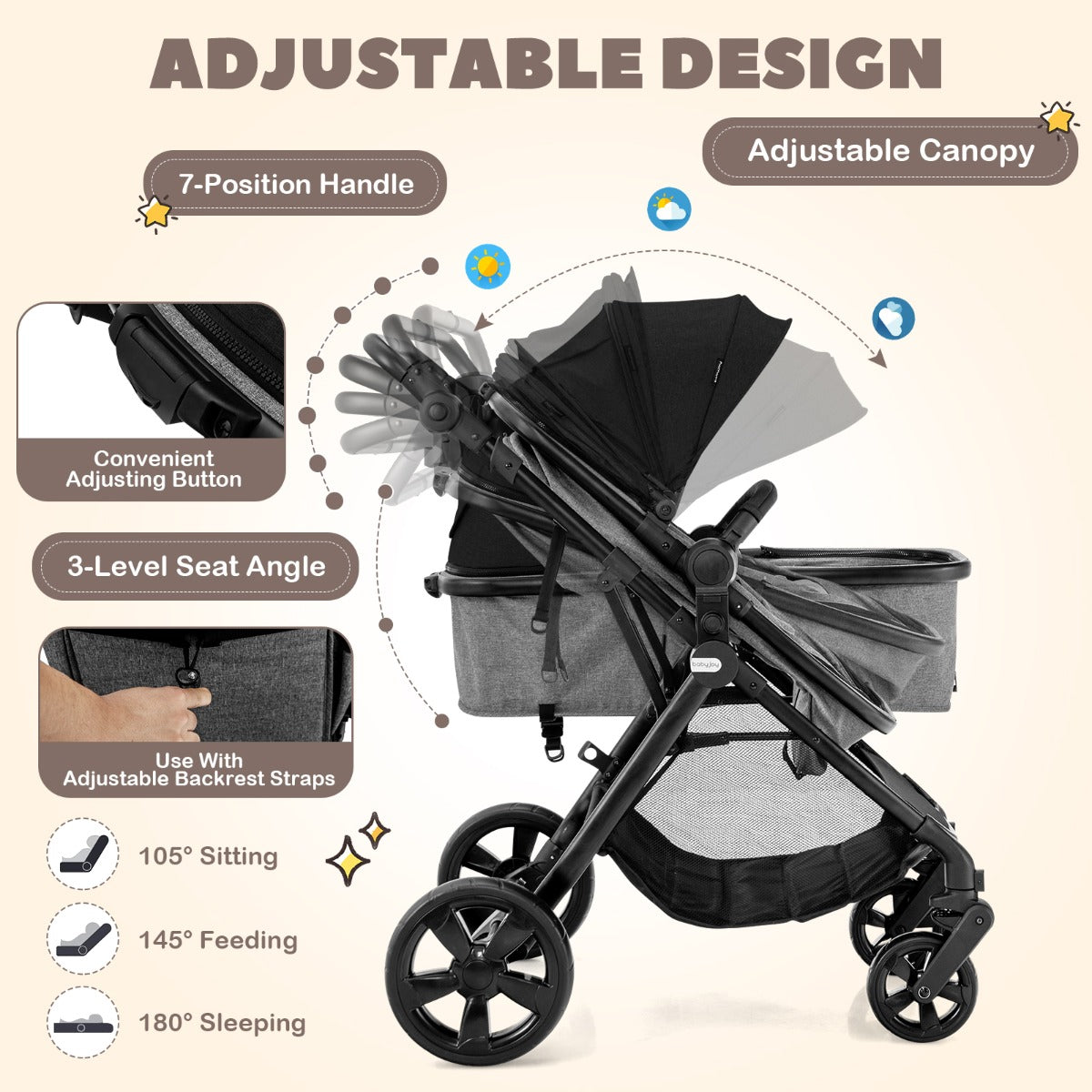 Folding Infant Stoller with Adjustable Canopy and Backrest for Kids-Black