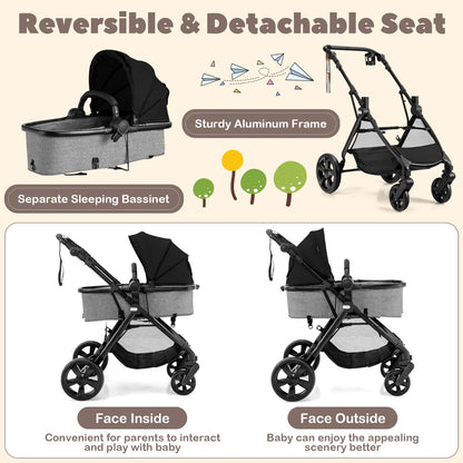 Folding Infant Stoller with Adjustable Canopy and Backrest for Kids-Black