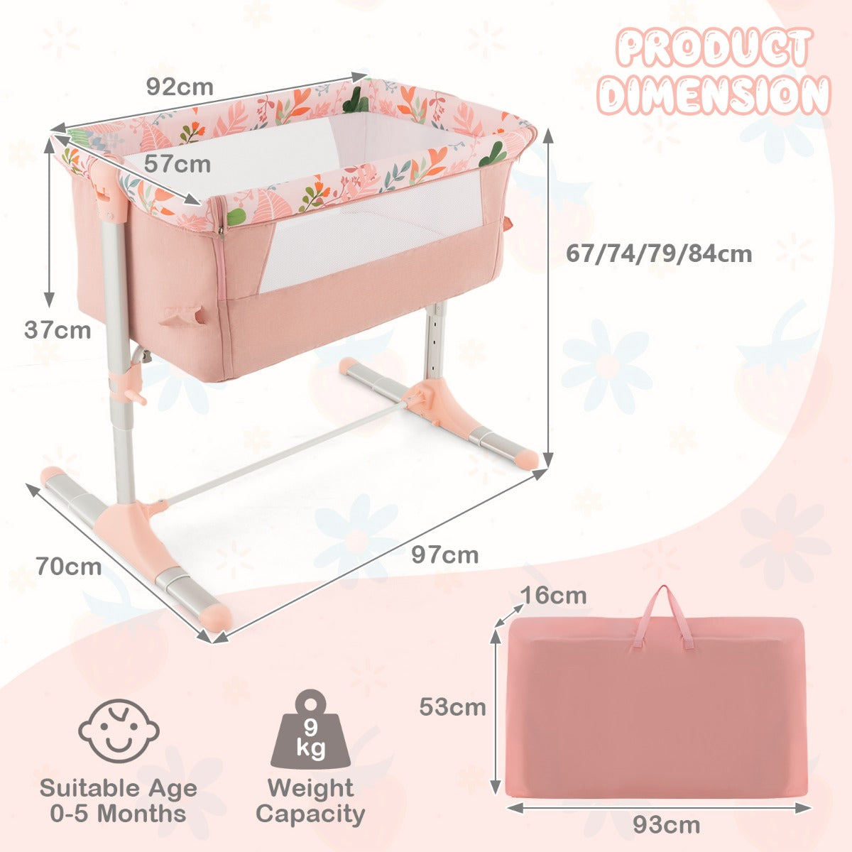 Costway Folding Baby Bassinet Bedside Sleeper with 4 Adjustable Heights