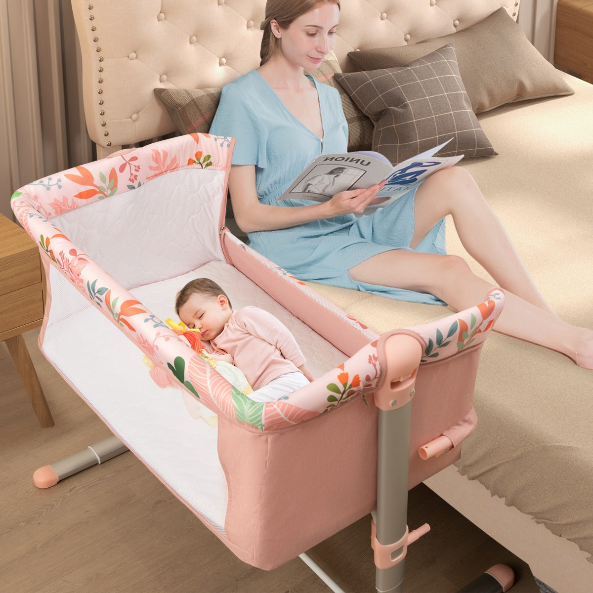 Costway Folding Baby Bassinet Bedside Sleeper with 4 Adjustable Heights
