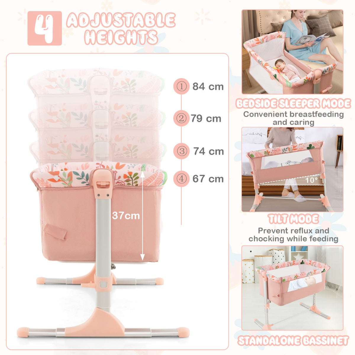 Costway Folding Baby Bassinet Bedside Sleeper with 4 Adjustable Heights