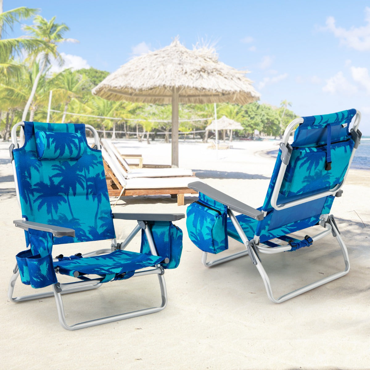 2-Pack Folding Backpack 5-Position Beach Chair with Pillow for Outdoor-Blue &amp;amp; Green