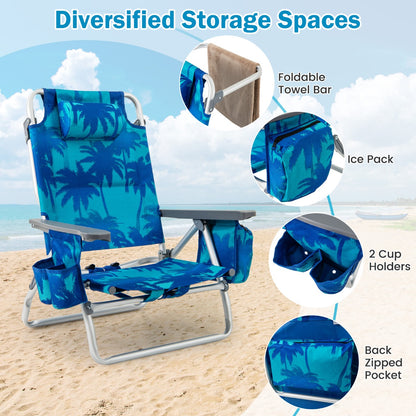 2-Pack Folding Backpack 5-Position Beach Chair with Pillow for Outdoor-Blue &amp;amp; Green