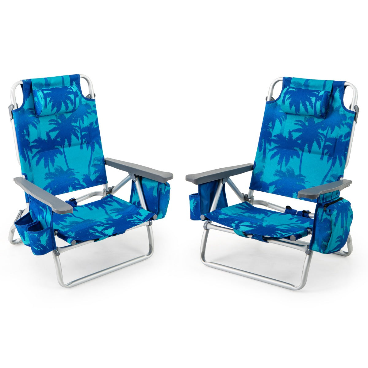 2-Pack Folding Backpack 5-Position Beach Chair with Pillow for Outdoor-Blue &amp;amp; Green