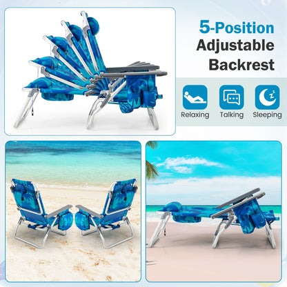 2-Pack Folding Backpack 5-Position Beach Chair with Pillow for Outdoor-Blue &amp;amp; Green