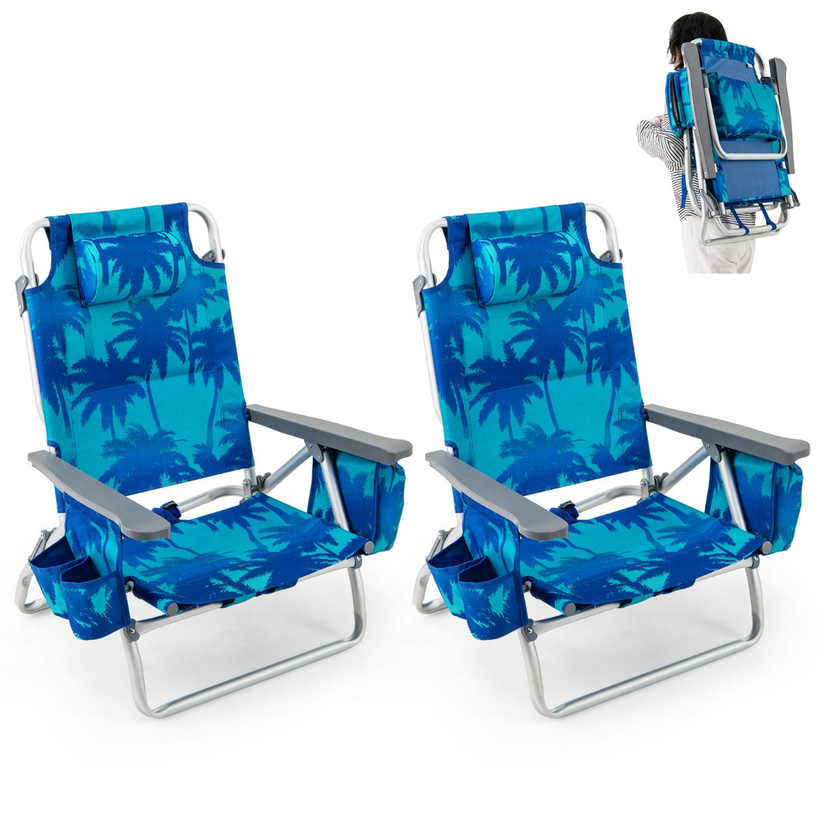 2-Pack Folding Backpack 5-Position Beach Chair with Pillow for Outdoor-Blue &amp;amp; Green